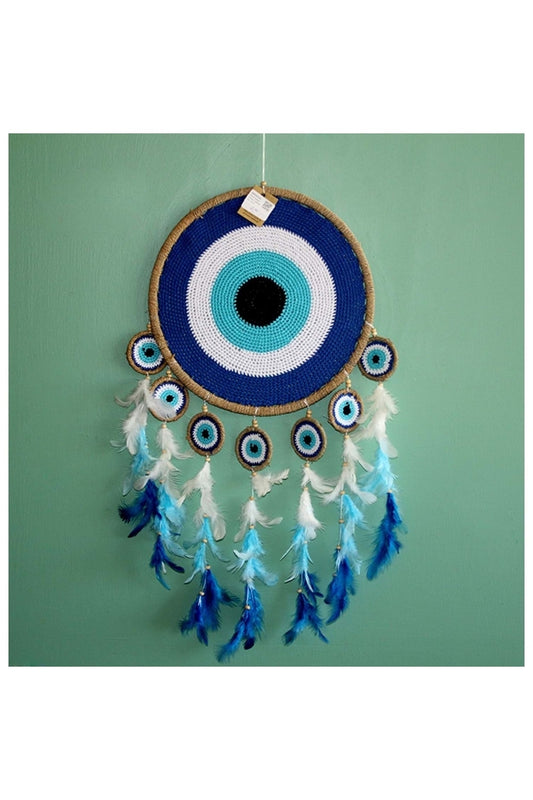 Natürel Hasır Kasnaklı Tüylü Otrişli Nazarlık Şeklinde Rüya Kapanı / Dreamcatcher