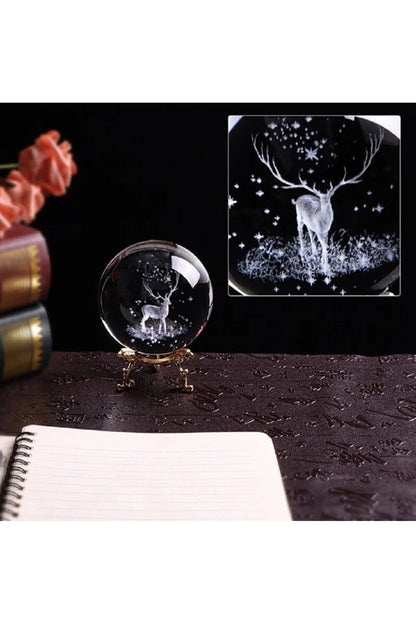 Dekoratif Gümüş Ayaklı Geyik Tasarımlı 3D Cam Küre