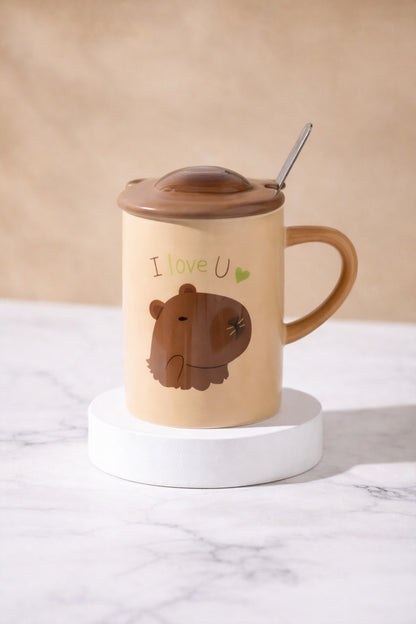 500 ML Kapaklı Kaşıklı Sevimli Capybara Seramik Kupa – 4 Farklı Model