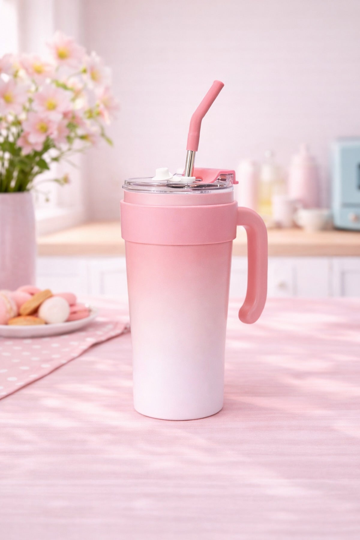 Paslanmaz Çelik Termos Bardak Pipetli Kapaklı Taşınabilir Soğuk Sıcak İçecek Mug