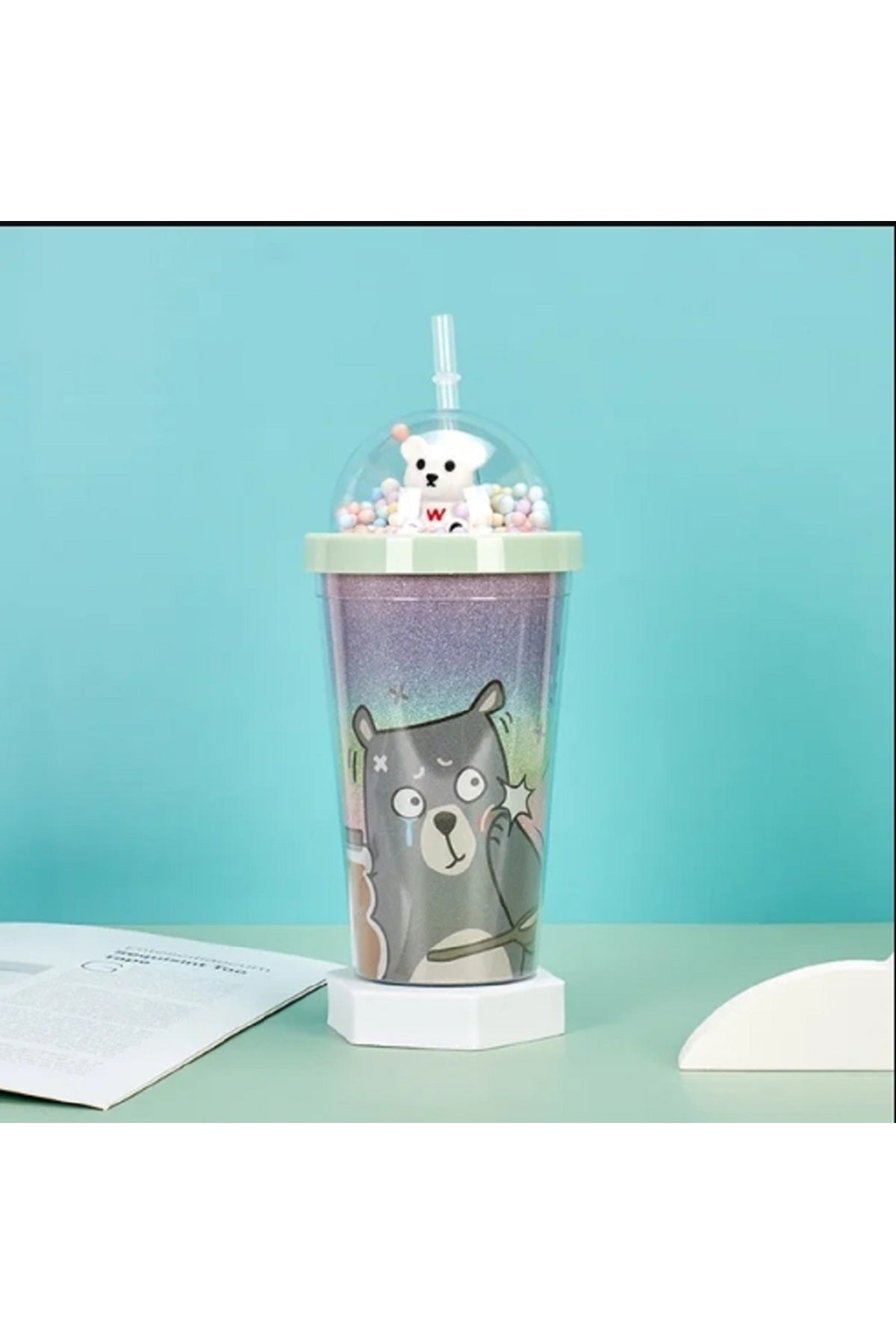 450ML Yeni Ayı Çift Tatmanlı Saman Plastik Bardak Yüksek Yaratıcı Karikatür Meşrubat Bardağı