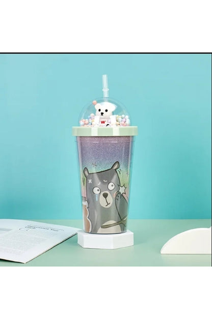 450ML Yeni Ayı Çift Tatmanlı Saman Plastik Bardak Yüksek Yaratıcı Karikatür Meşrubat Bardağı
