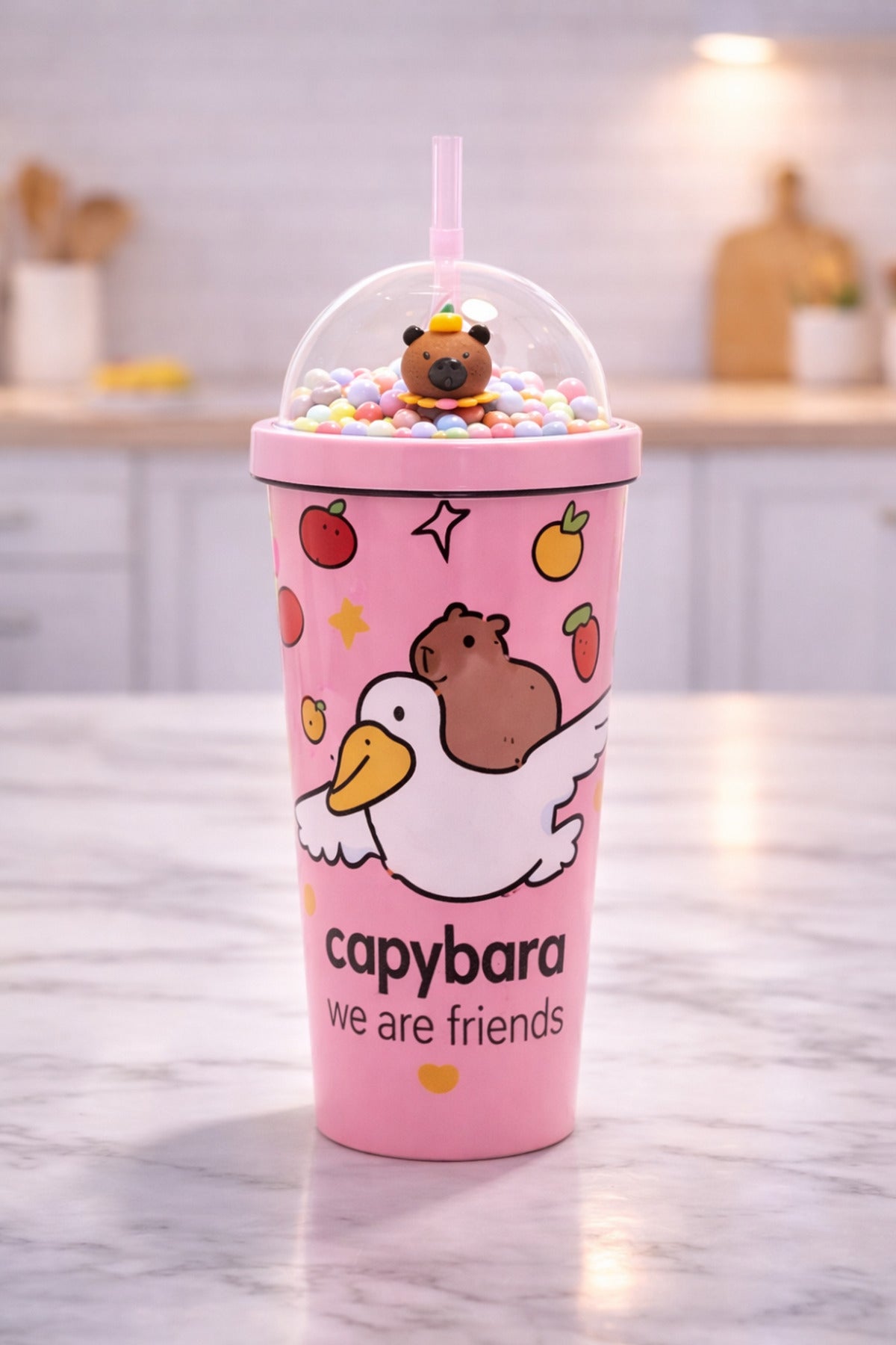 550 ml Capybara Figürlü Pipetli Çocuk Termos Bardak Boncuklu Kubbe Kapaklı Sevimli Matara