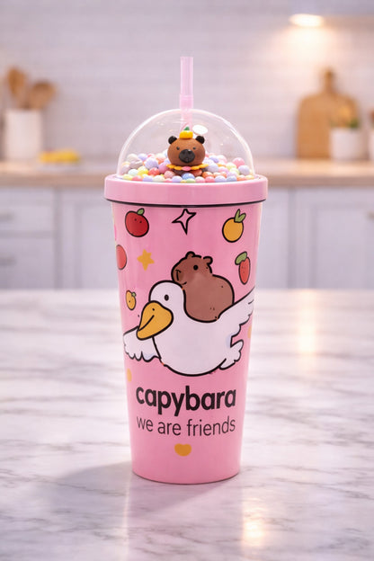 550 ml Capybara Figürlü Pipetli Çocuk Termos Bardak Boncuklu Kubbe Kapaklı Sevimli Matara