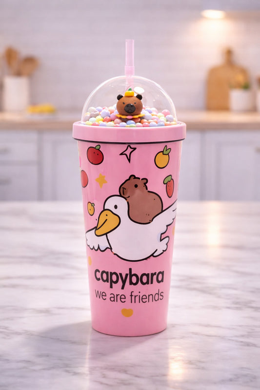 550 ml Capybara Figürlü Pipetli Çocuk Termos Bardak Boncuklu Kubbe Kapaklı Sevimli Matara