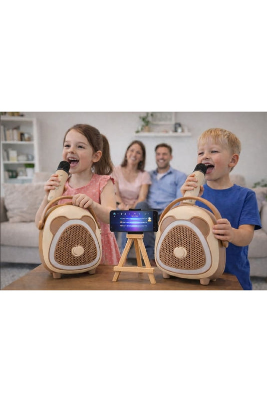 Çocuk Karaoke Mikrofon Seti Bluetooth Hoparlör Ahşap Tripod Telefon Standlı Retro Kahverengi Karaoke
