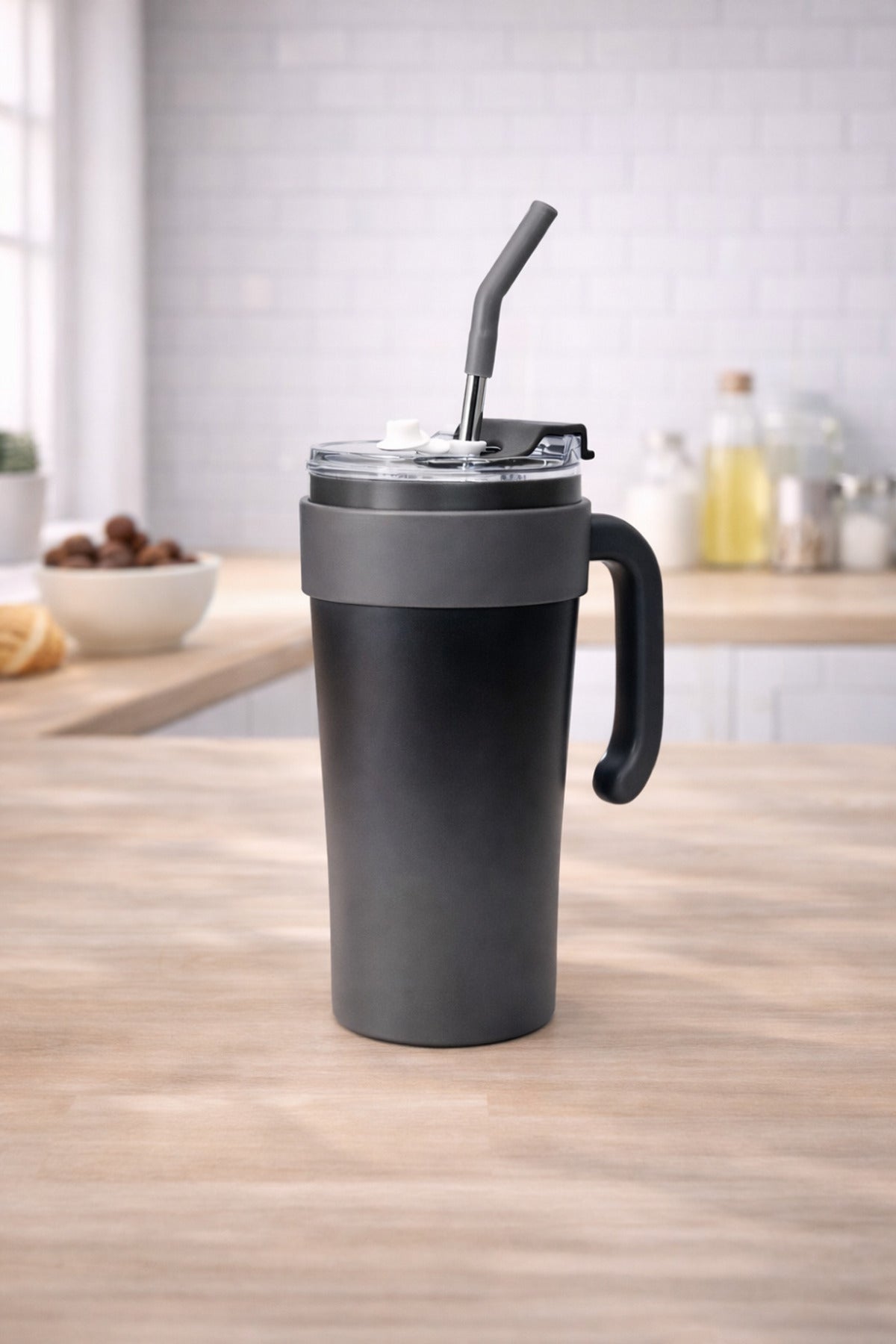 Paslanmaz Çelik Termos Bardak Pipetli Kapaklı Taşınabilir Soğuk Sıcak İçecek Mug