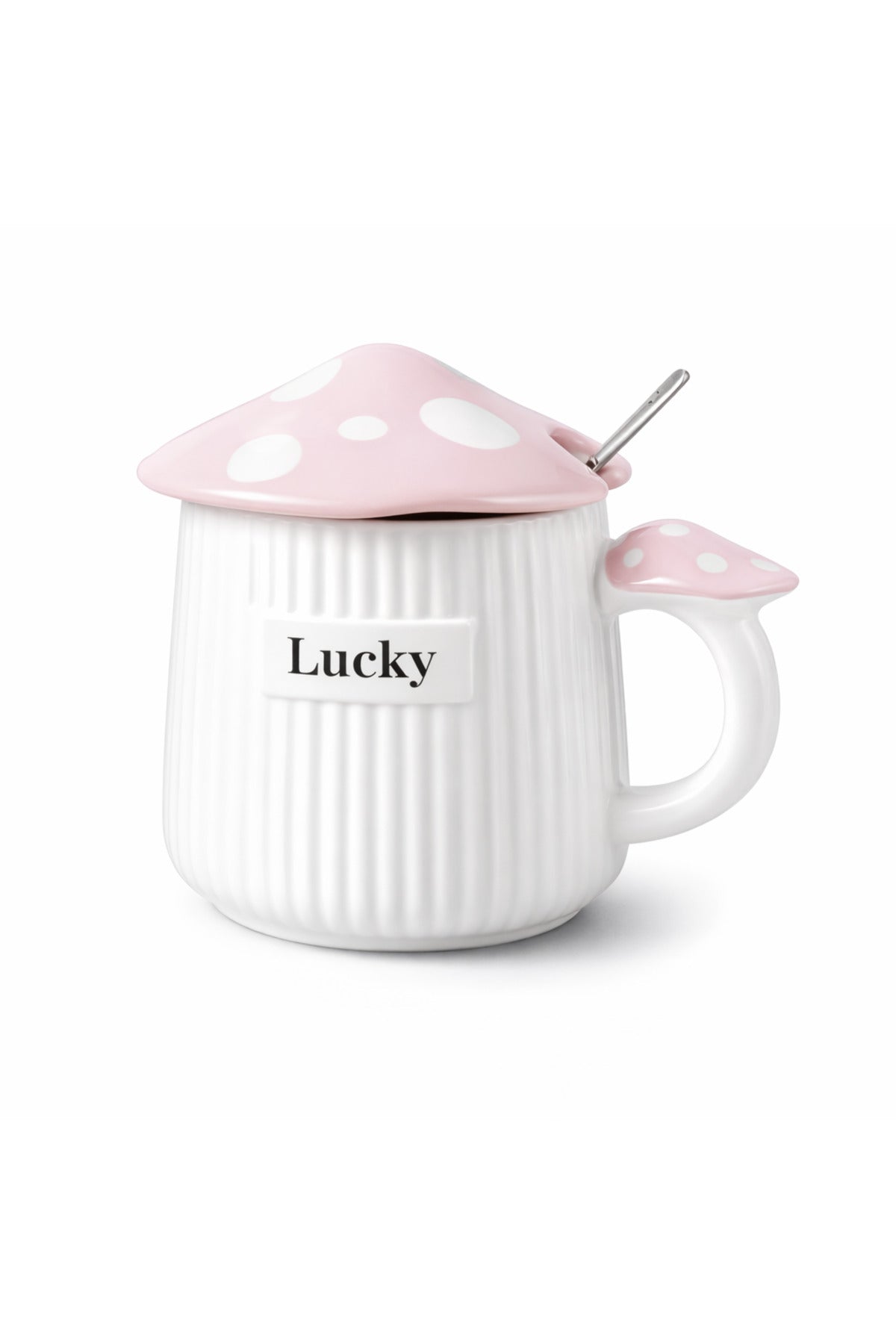 500ml Lucky Mantar Tasarımlı Kapaklı Seramik Kupa – Kaşıklı Mavi Dekoratif Kahve Kupası