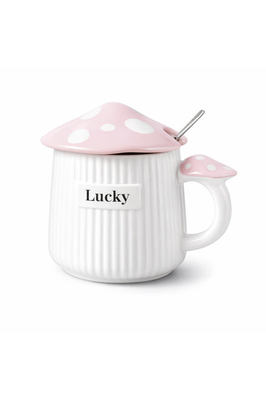 500ml Lucky Mantar Tasarımlı Kapaklı Seramik Kupa – Kaşıklı Mavi Dekoratif Kahve Kupası