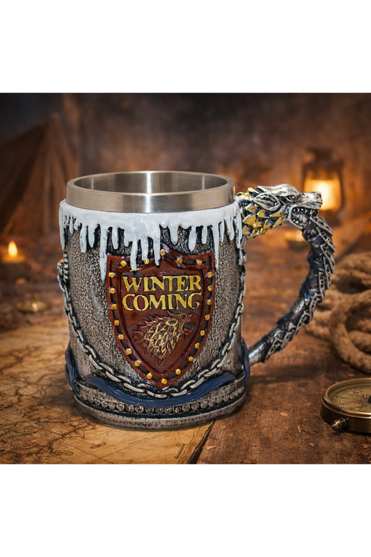 Ejderha Saplı Winter Temalı 3D Kabartmalı Çelik Kupa Bardak – Fantastik Tasarım Koleksiyon Kupası