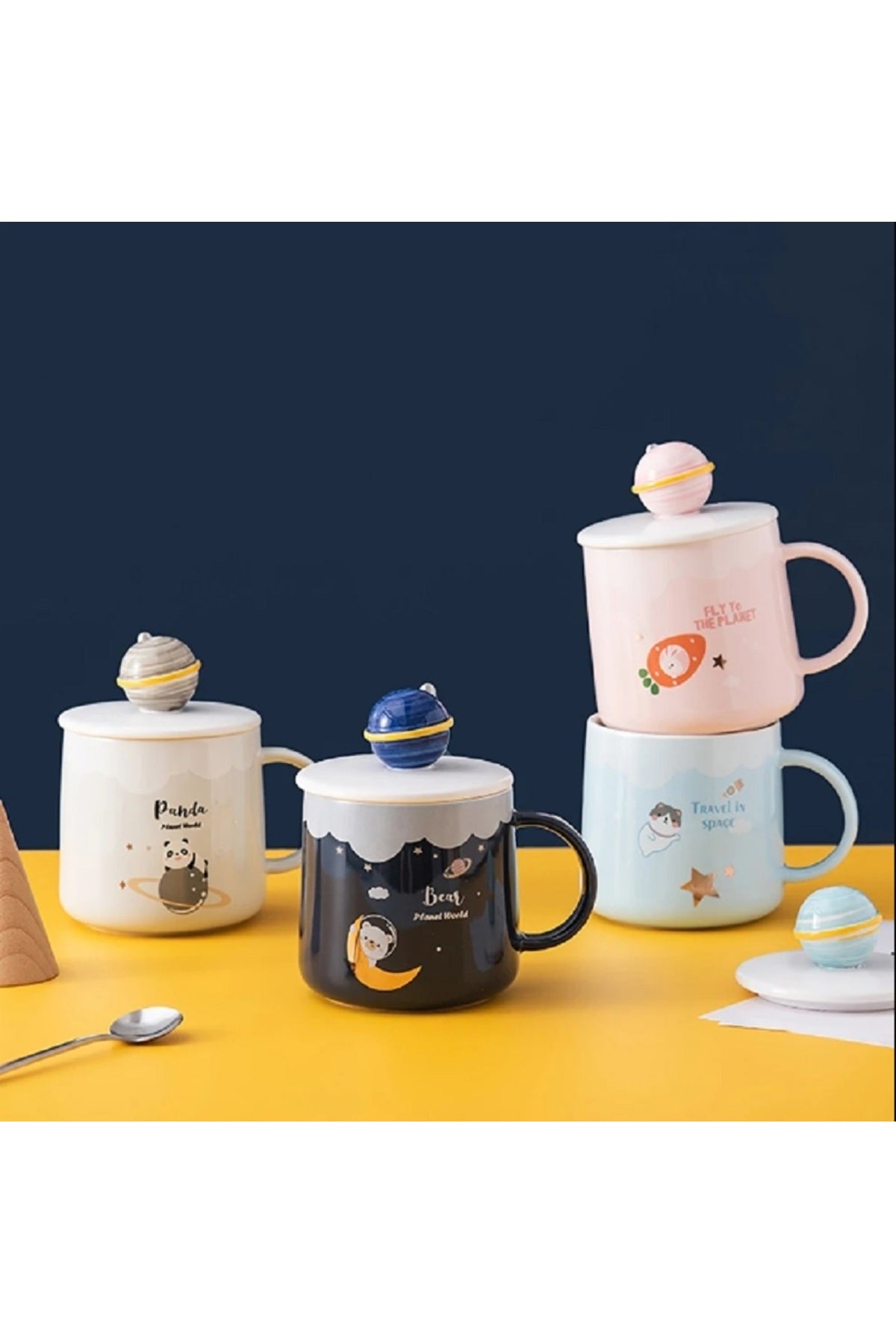 400ml Yaratıcı Seramik Kaşıklı Kupa Kapak Kahve Fincanı Orijinal Kahvaltı Bardak Dirinkware