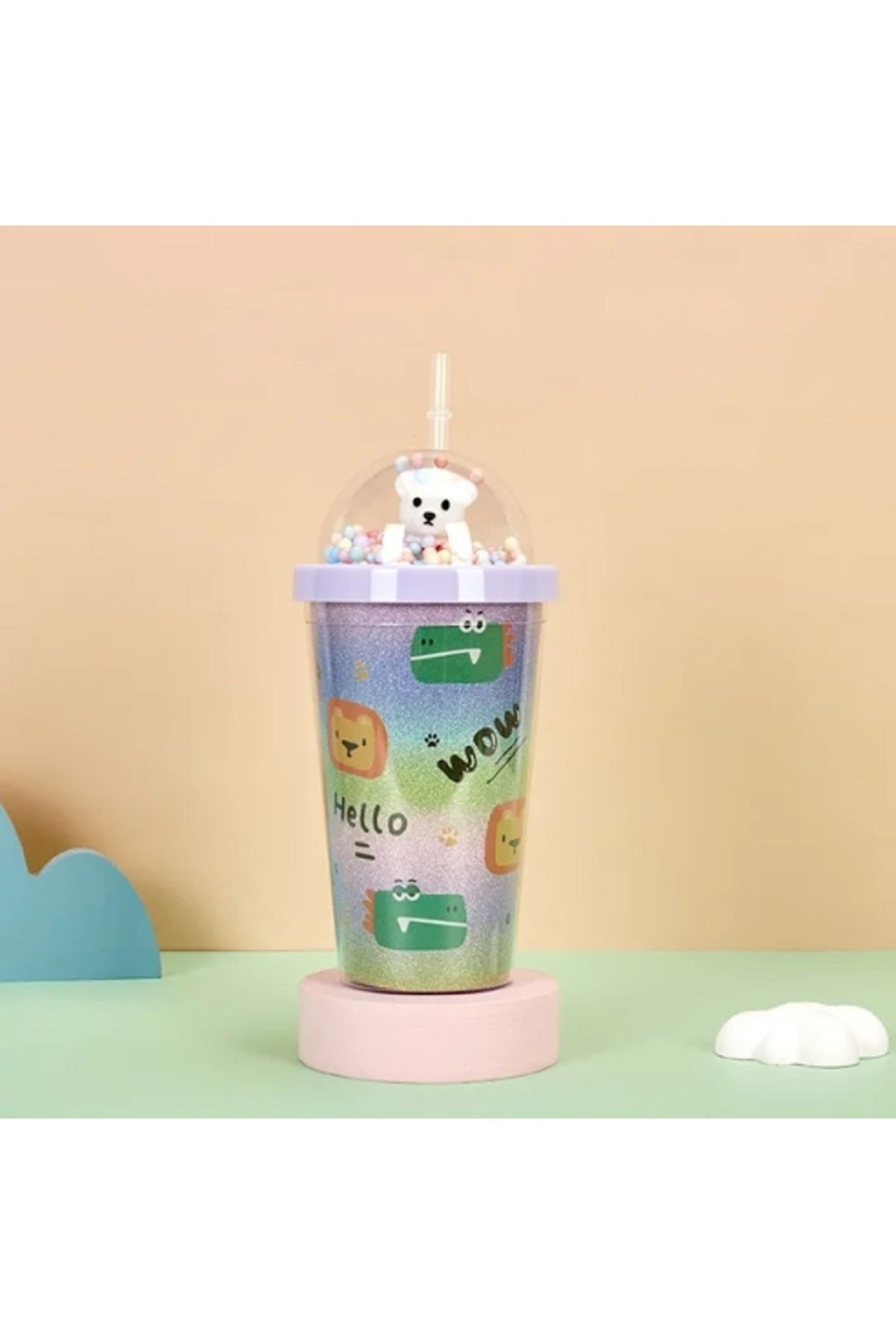 450ML Yeni Ayı Çift Tatmanlı Saman Plastik Bardak Yüksek Yaratıcı Karikatür Meşrubat Bardağı