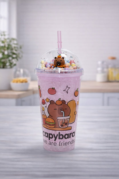 Capybara Desenli Pipetli Soğuk İçecek Bardağı Şeffaf Kapaklı Straw Cup Sevimli Tumbler Bardak