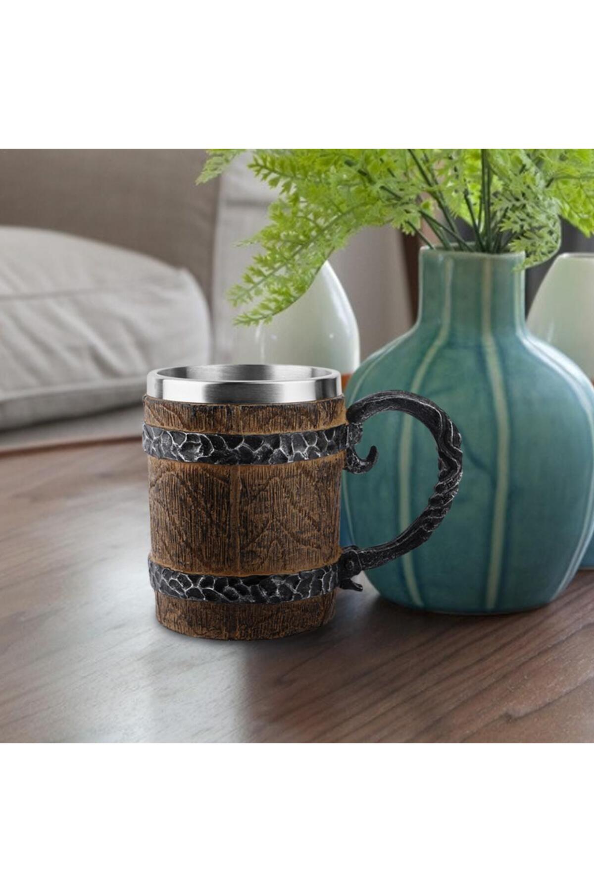 Viking Ahşap Tarzı Vintage 450ml Kabartmalı Kupa Bardak