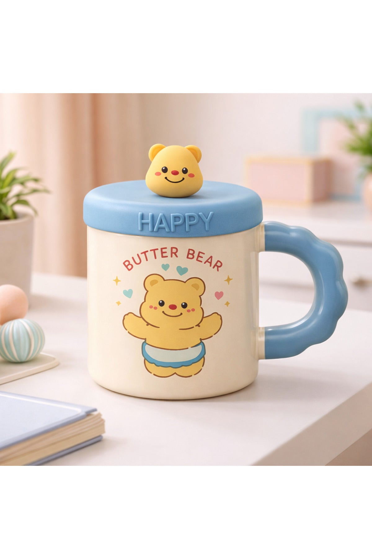 500 ML Kapaklı Kaşıklı Butter Bear Seramik Kupa – Sevimli Ayıcık Tasarım