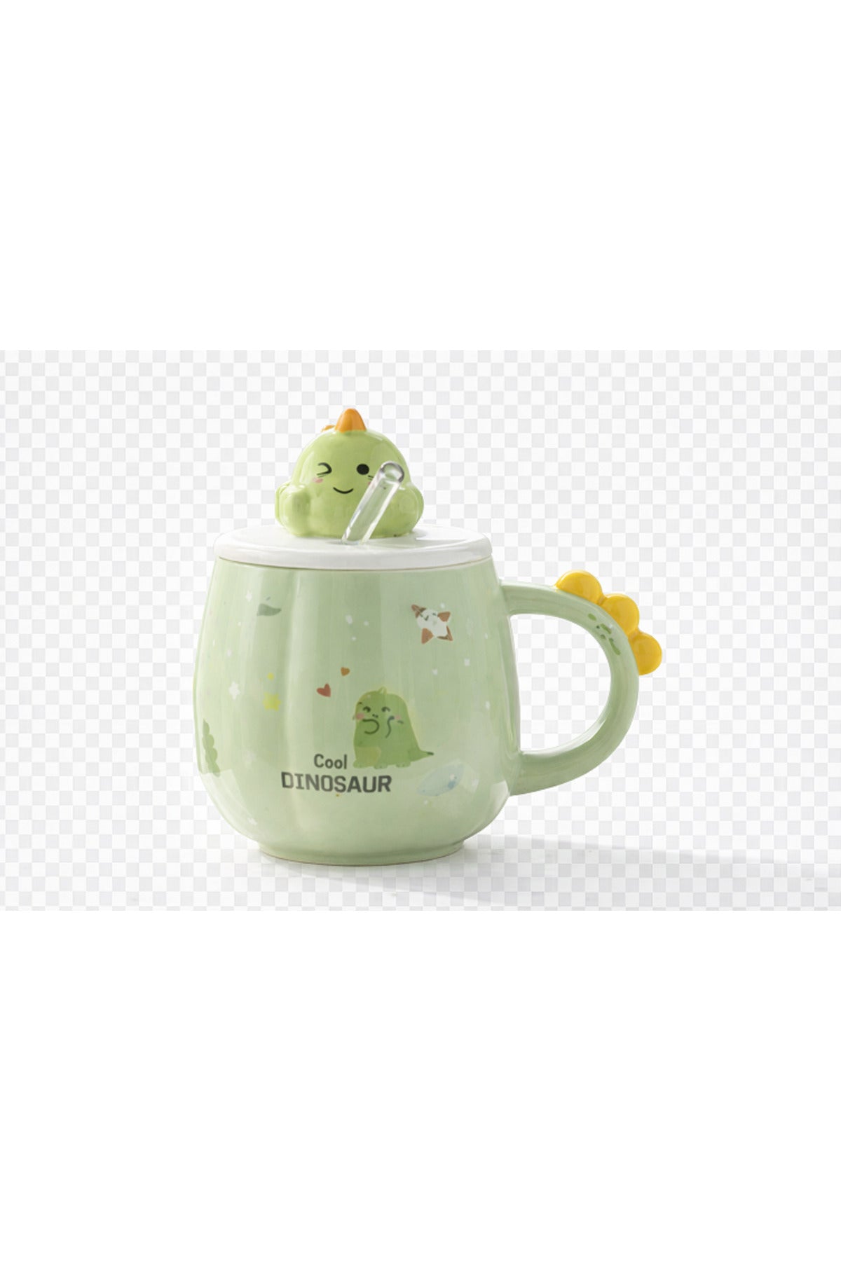 Sevimli Dinozor Kapaklı Seramik Kupa Bardak 500 ML – Pipetli Mousse Tasarımlı Kahve & Çay Kupası