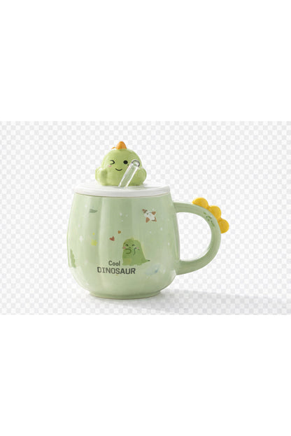 Sevimli Dinozor Kapaklı Seramik Kupa Bardak 500 ML – Pipetli Mousse Tasarımlı Kahve & Çay Kupası
