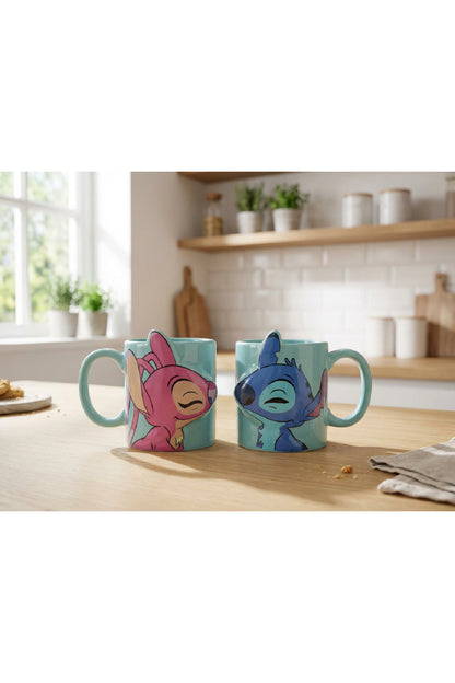Stitch ve Angel 3D Figürlü Öpüşen Çift Kupa Bardak Seti Sevgiliye Özel Romantik 2'li Seramik Hediye