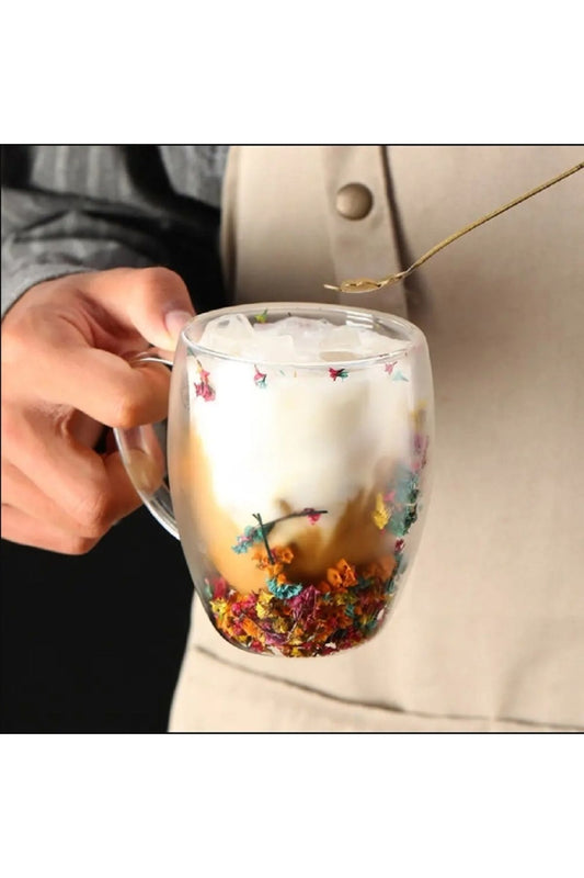 350ml Çiçekli Cam Isıya Dayanıklı Çift Katmanlı Borosilikat Ofis Kupa Kahve Fincanı