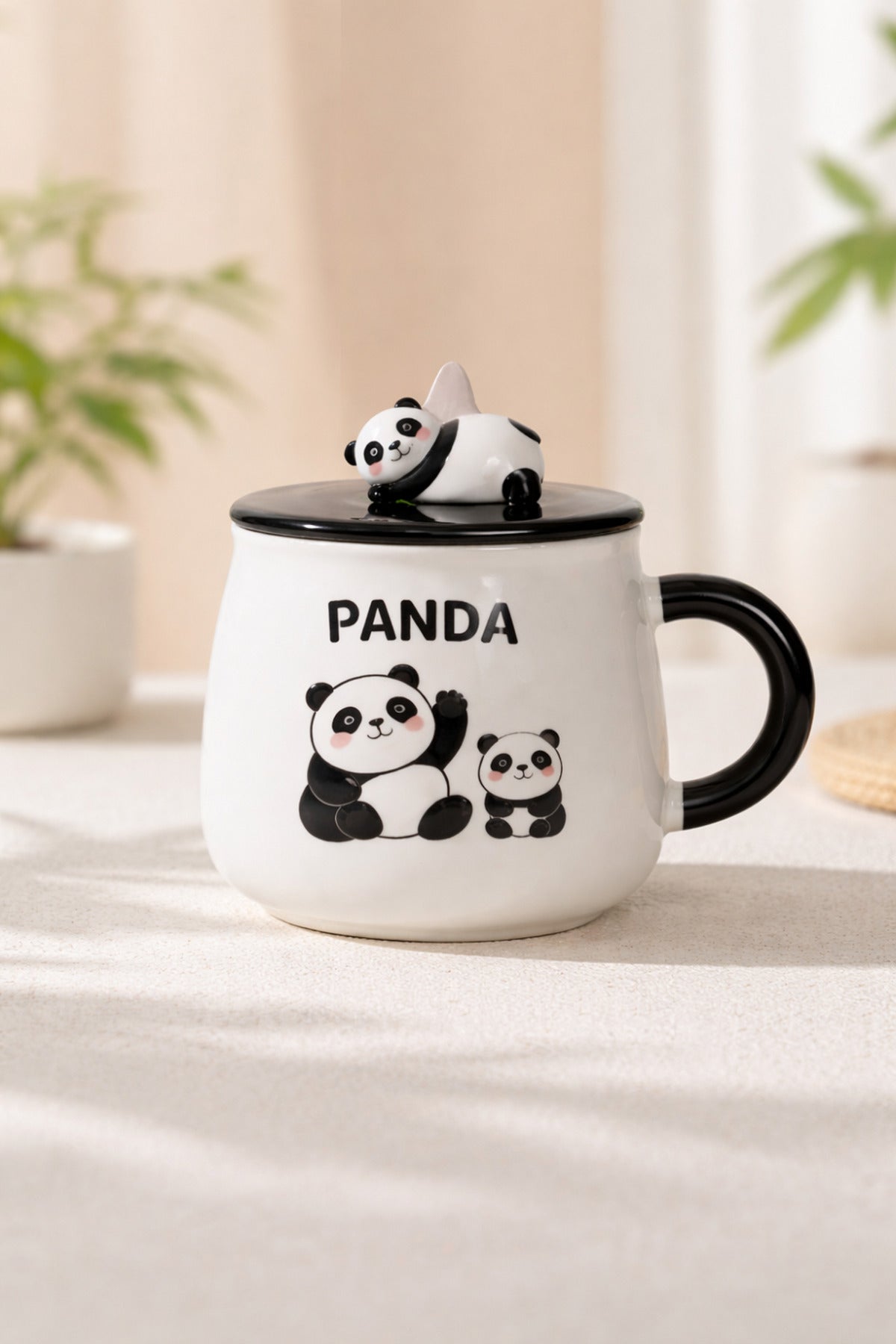 Sevimli Panda Kapaklı Seramik Kupa 500 ml – Panda Figürlü Kapaklı Kupa Bardak