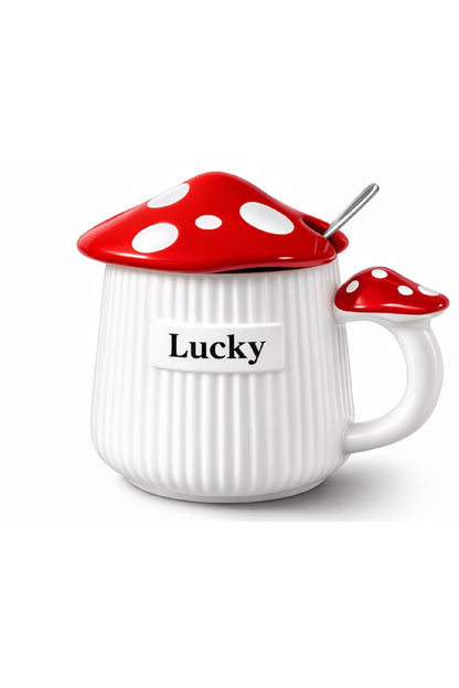 500ml Lucky Mantar Tasarımlı Kapaklı Seramik Kupa – Kaşıklı Mavi Dekoratif Kahve Kupası
