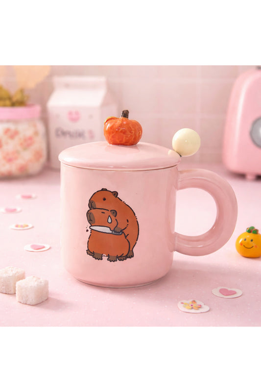 Sevimli Kapibara Desenli Kapaklı Kupa – Kawaii Tasarım Seramik Bardak Dekoratif Hediye Kupa