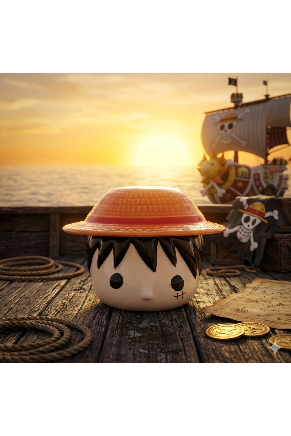 One Piece Monkey D. Luffy Hasır Şapka Kapaklı Seramik Kupa Bardak - Anime Koleksiyonu Özel Tasarım