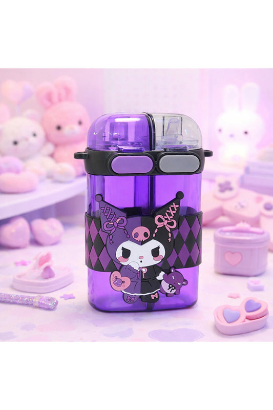 Sevimli Kawaii Çift Bölmeli Pipetli Çocuk Matara – Askılı Sızdırmaz Tasarım Mor Renk