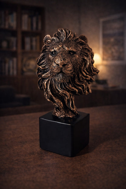 Bronz Aslan Büst Dekoratif Obje – Güç ve Liderlik Sembolü | 14×9 cm Masaüstü Biblo