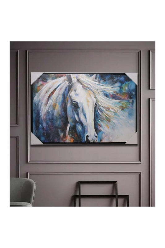 Retro Renkli Vintage Beyaz At Duvar Dekorasyon Yağlı Tablo 90x60