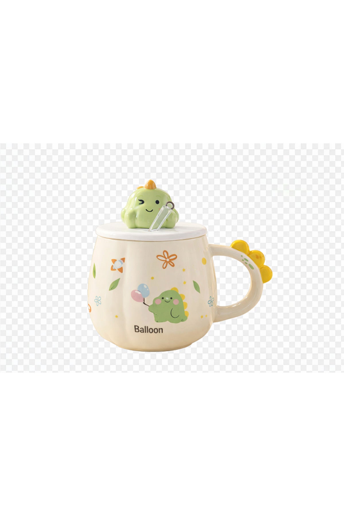 Sevimli Dinozor Kapaklı Seramik Kupa Bardak 500 ML – Pipetli Mousse Tasarımlı Kahve & Çay Kupası