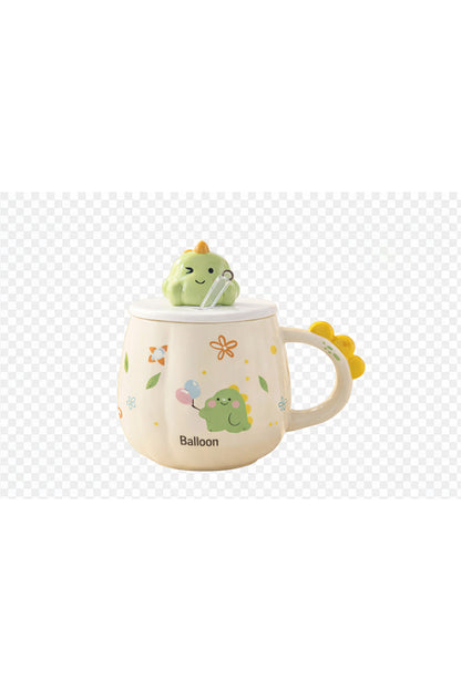Sevimli Dinozor Kapaklı Seramik Kupa Bardak 500 ML – Pipetli Mousse Tasarımlı Kahve & Çay Kupası