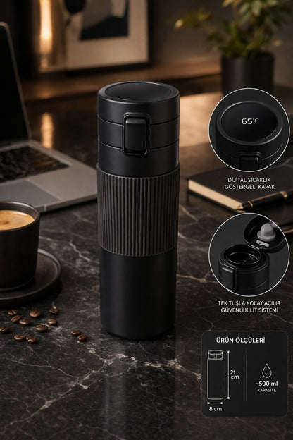 500 Ml Dijital Göstergeli Çelik Termos Mug Vakumlu Isı Yalıtımlı Sızdırmaz Kapak Bardak