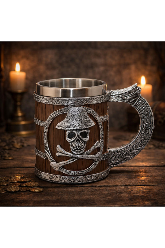 Korsan Kurukafa Figürlü Ahşap Fıçı Tasarımlı Dekoratif Kupa Bardak Metal İç Hazneli Fantasy Mug