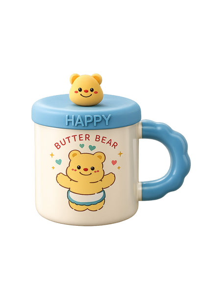 500 ML Kapaklı Kaşıklı Butter Bear Seramik Kupa – Sevimli Ayıcık Tasarım