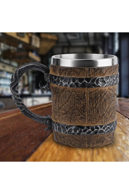 Viking Ahşap Tarzı Vintage 450ml Kabartmalı Kupa Bardak