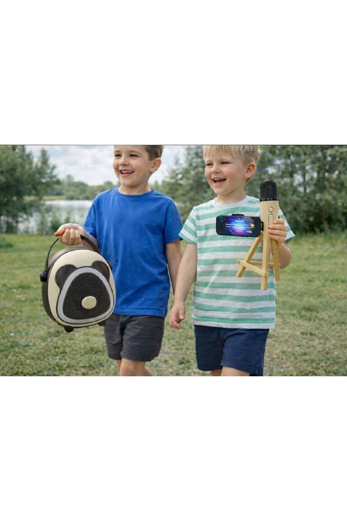 Çocuk Karaoke Mikrofon Seti Bluetooth Hoparlör Ahşap Tripod Telefon Standlı Retro Koyu Kahve Karaoke