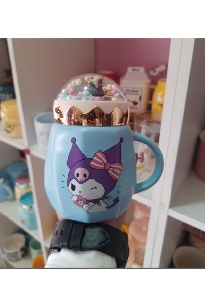 500ml Sevimli Sanrio Kawai Kuromi Seramik Kapaklı Kaşıklı Kupa Bardak