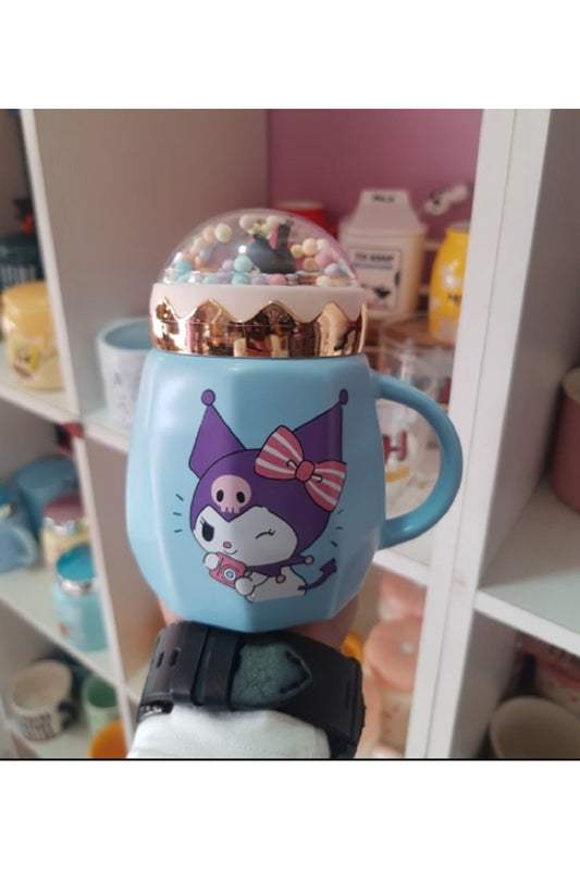 500ml Sevimli Sanrio Kawai Kuromi Seramik Kapaklı Kaşıklı Kupa Bardak