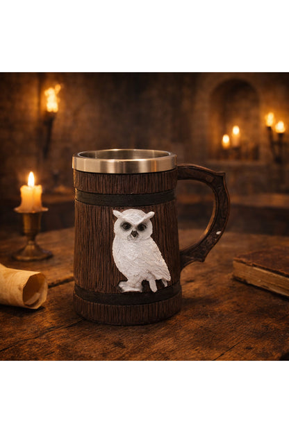 Orta Çağ Viking Tarzı Baykuş Figürlü Ahşap Görünümlü Kupa Bardak – Dekoratif Orta Çağ Mug