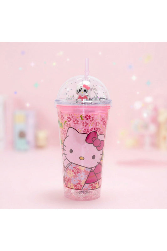 Hello Kitty Figürlü Pipetli Şeffaf Plastik Bardak – Simli Kapaklı Kawaii Tasarım İçecek Bardağı