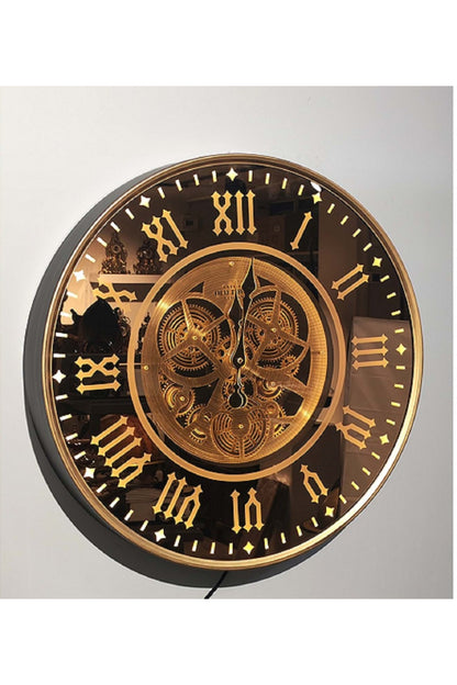 LED Işıklı Mekanizmalı Lüks Duvar Saati – Gold Detaylı Vintage Tasarım