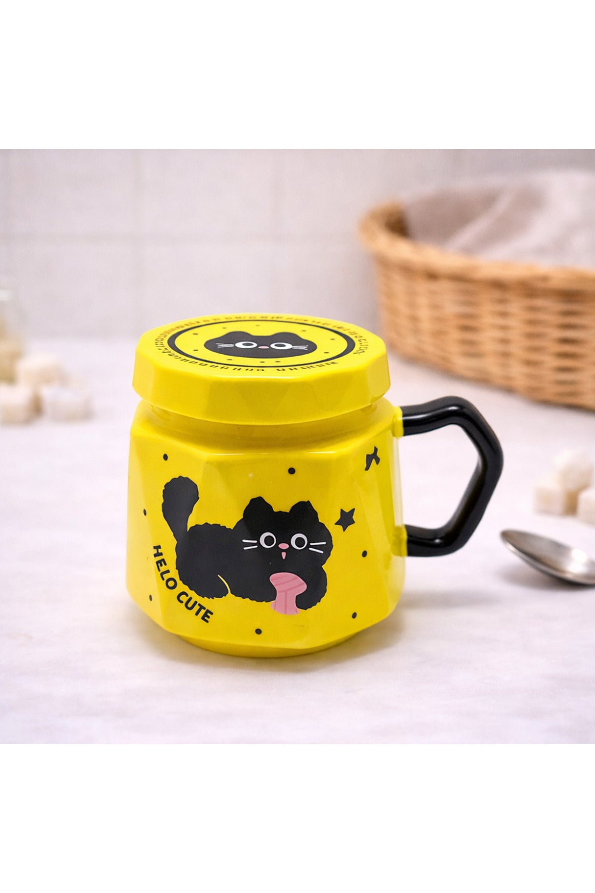 Kedi Baskılı Kapaklı Seramik Kupa Bardak Kawaii Tasarım Kahve Fincanı Hediyelik Ofis