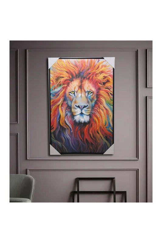 Retro Renkli Vintage Aslan Portre Duvar Dekorasyon Yağlı Boya Tablo 90x60