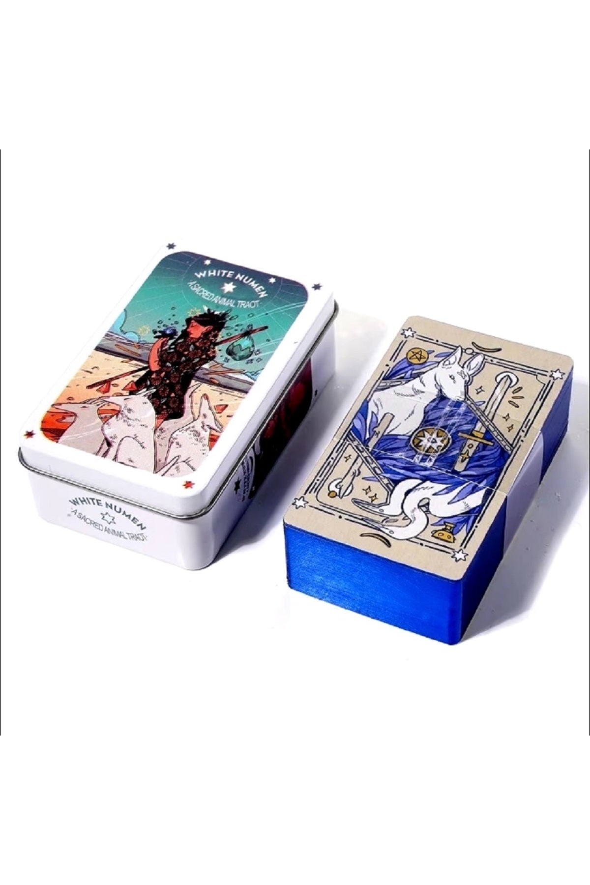 Beyaz Numen Tarot Teneke Metal Kutu İçinde Kutsal Hayvan PDF Kılavuzu kitap Divination kader 78 Adet