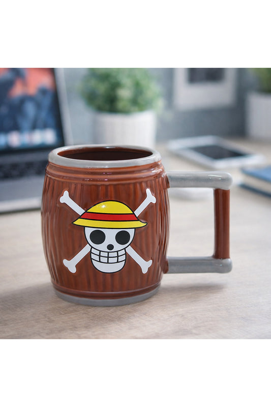 One Piece Luffy Şapkalı Kafatası Logolu Varil Tasarımlı Seramik Kupa Bardak