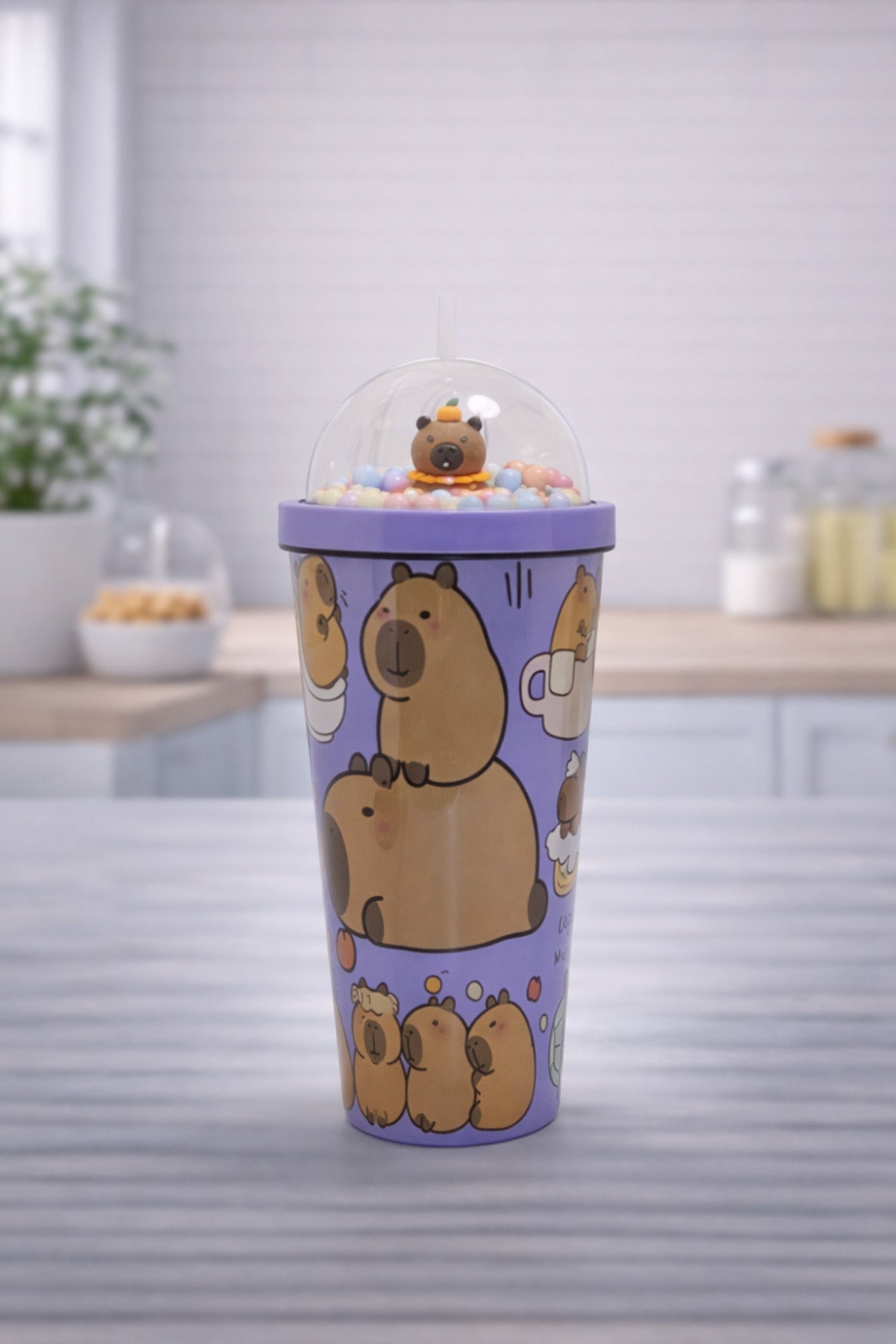 550 ml Capybara Figürlü Pipetli Çocuk Termos Bardak Boncuklu Kubbe Kapaklı Sevimli Matara