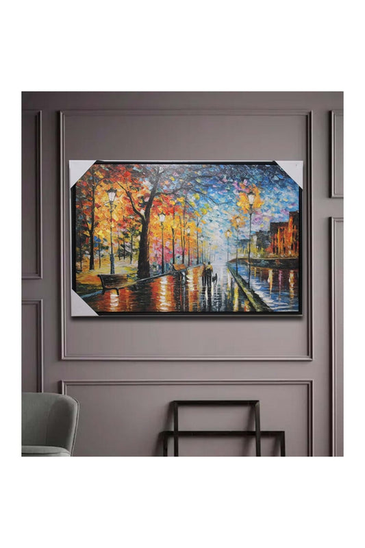 Retro Renkli Vintage Yağmurlu Sokak Duvar Dekorasyon Yağlı Boya Tablo 90x60