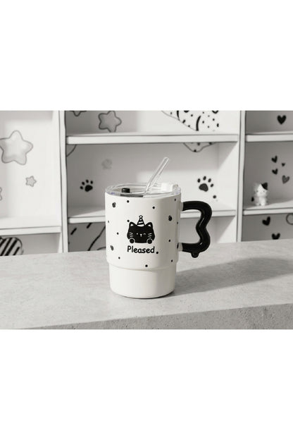 500ml Kapaklı Pipetli Kawaii Kedi Tasarımlı Kupa Bardak Siyah Beyaz Sevimli Model