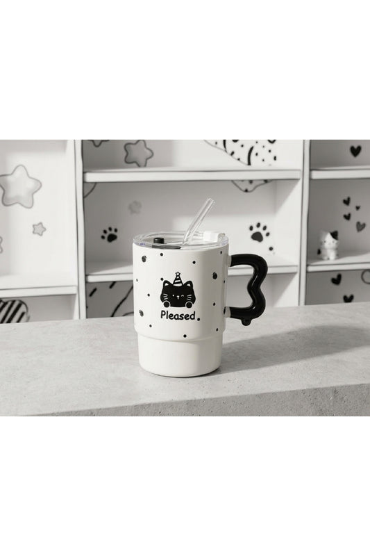 500ml Kapaklı Pipetli Kawaii Kedi Tasarımlı Kupa Bardak Siyah Beyaz Sevimli Model